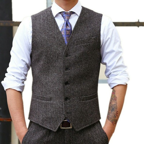 Men Tweed Waistcoat Retro Herringbone Vest Lapel Gilet Formal Suit Top Slim Chic - Picture 1 of 7