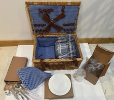 Large Wicker Picnic Basket w/  Cups, Utensils, Basket For 4 Person