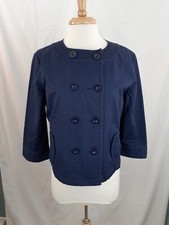 Chico's Womens Sz 1 Navy Blue Stretch 3/4 Sleeve Round Neck Blazer Jacket Casual