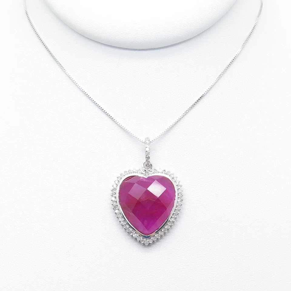 925 Sterling Silver Real Round-Cut Diamond & Ruby Heart Box Chain Necklace 18" - Image 4 of 4