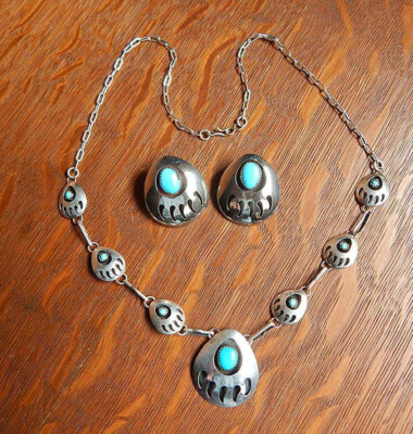Vintage Navajo Bear claw Turquoise Shadow Box Sterling Silver Necklace ...