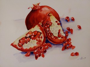 Watercolor Painting Pomegranates Still Life Unframed 11 15 Ebay