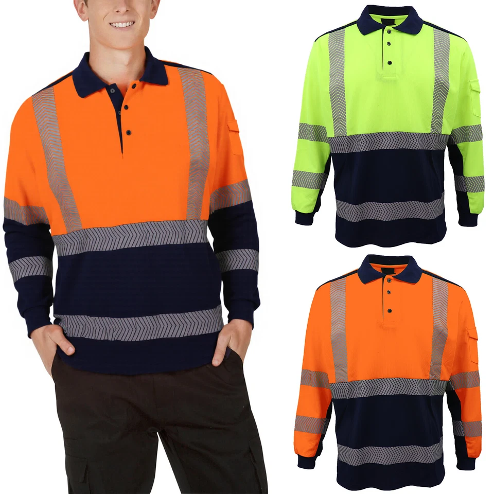 HI VIS Long Sleeve Polo Shirt Reflective Tape Safety Tradie Work Wear Tops Tee