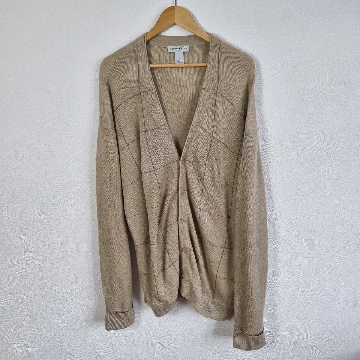 Cypress Links Mens Cardigan Sweater Size XL Beige Checked Knitted Grunge