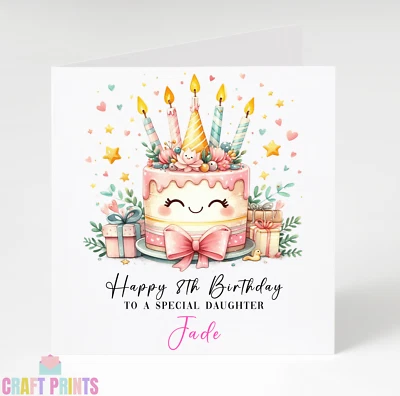 Handmade Happy Birthday Cake Card, Personalised Card, Daughter, Granddaughter
