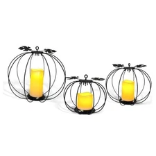 Halloween Light Up Pumpkin Lantern, 3 Pcs Metal Pumpkin Candle Holders Black