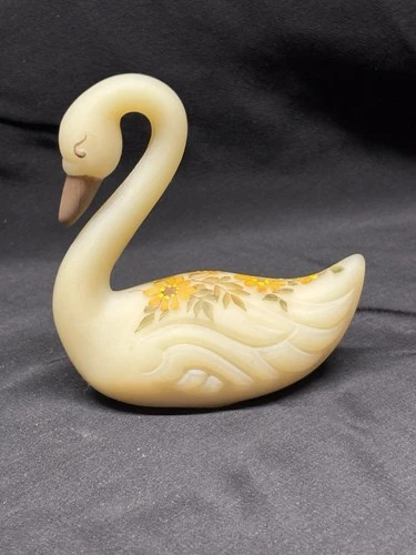 Vintage Fenton Custard Satin Glass Hand-Painted & Signed SWAN with flowers