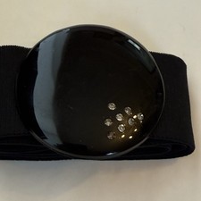 VTG Black Elastic Belt Round Buckle W/Rhinestones Disco 1970s 1980s 24  x2  Small