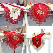 Christmas Vintage Embroidered Lace Table Runner Dresser Scarf Dining Room Decor