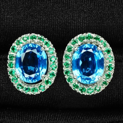 Precious Swiss Blue Topaz 7.35Ct 925 Sterling Silver White Gold Halo Earrings