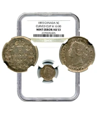 1893 Canada 5 Cents, MINT ERROR, Curved Clip @ 10:00 - NGC AU53