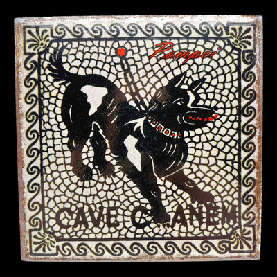 Cave Canem Beware of Dog Tile Trivet - 6'' Black White Dog Pompeii Italy