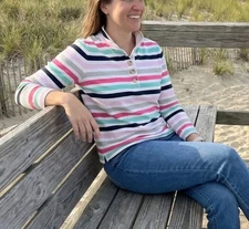 Talbots Women's Striped Top 100% Cotton Long Sleeve Button Mockneck Tee XS