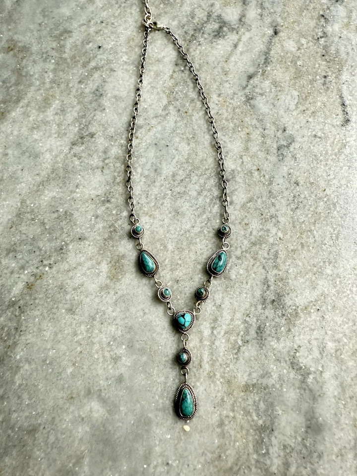 Collar Colgante BARSA Firmado Turquesa Cabujón Plata de Ley 925 Y Gota 15g Foto 4 de 4