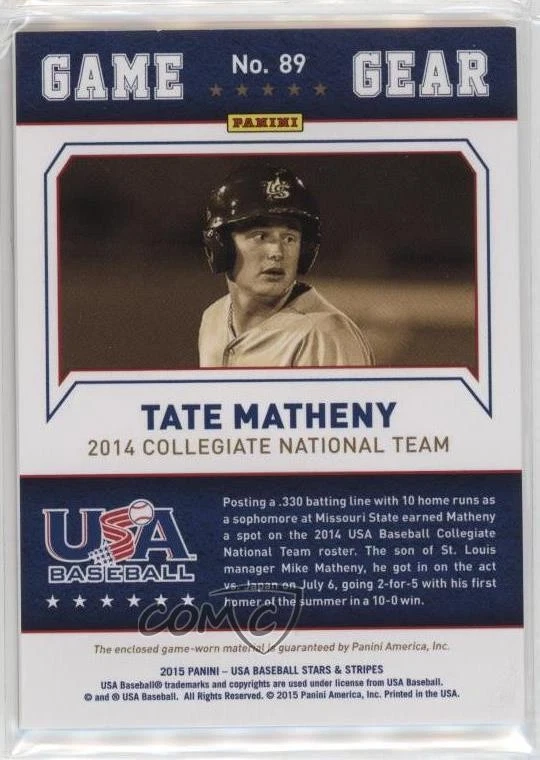 2015 Panini Stars and Stripes Game Gear Longevity Holofoil /25 Tate Matheny #89 - Image 2 of 2