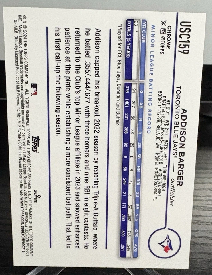 2024 Topps Chrome Update - Addison Barger True Gold Rookie /50 Blue Jays #USC159 - Image 2 of 2