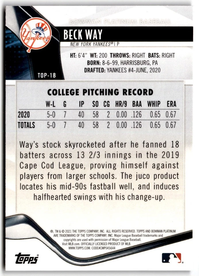 2021 Bowman Beck Way #TOP-18 New York Yankees - Image 2 of 2