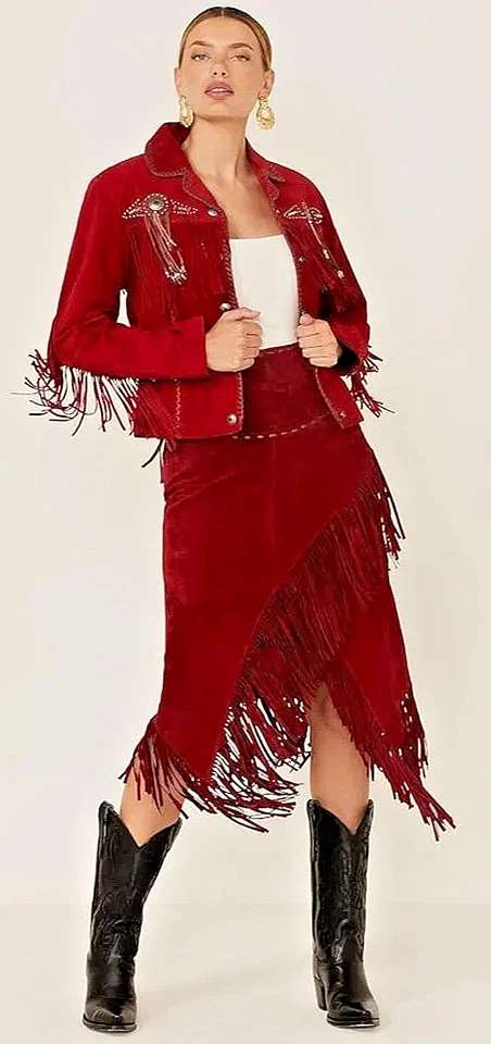 Chaqueta de cuero de gamuza occidental para mujer Chaqueta de cuero roja con flecos y cuentas para vaquera Foto 3 de 4