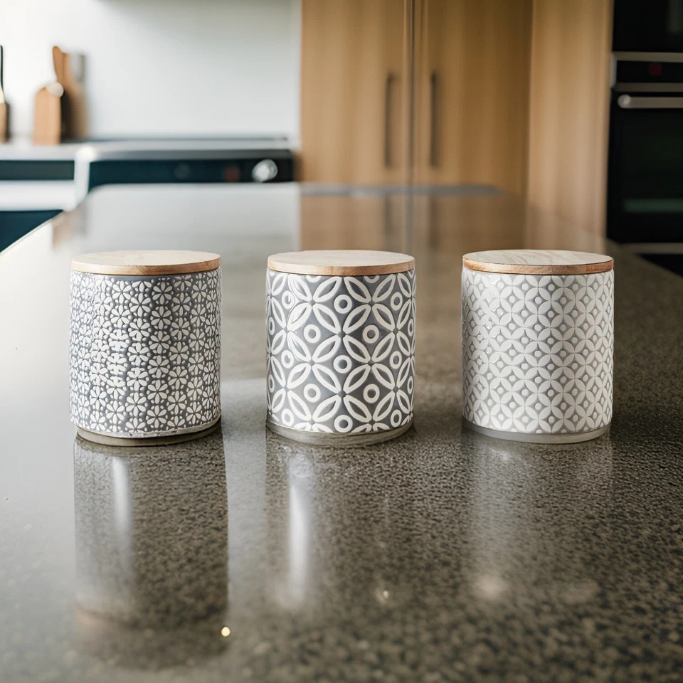 Set of 3 Tea Coffee Sugar Canisters with Bamboo Lid Storage Jars-Kitchen Decor - Image 2 of 3
