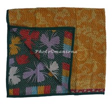 Indian Cotton Baby Quilt Kantha Work Floral Print Yellow Bedspread Baby Blanket