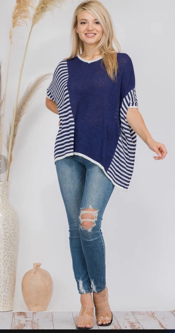Women Baciano Size Small Sweater Poncho Blue White Stripe