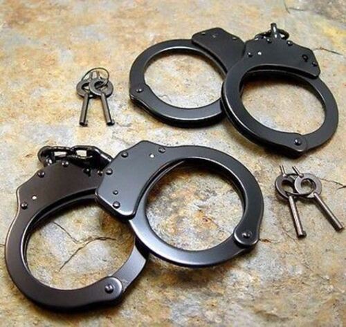 2PC Police Handcuffs BLACK STEEL Double Lock AUTHENTIC Hand Cuffs w/Keys REAL eB
