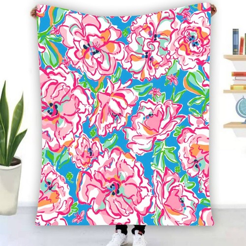 Lilly Pulitzer Pink Flower Soft Warm Single-Side Printing Flannel Fleece Blanket - Picture 2 of 3