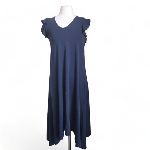Ann Taylor V Neck Ruffle Flutter Sleeve Midi Maxi Dress Size XS Petite Navy Blue