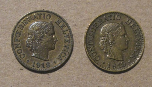 Switzerland - (2) Brass 10 Rappen 1918 & 1919 - Very Scarce & Nice - 第 1/2 張圖片
