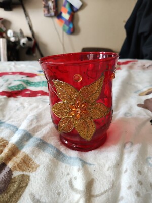 Handmade Glass Christmas Poinsettia Votive Candle Holder