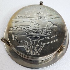 Mallard Duck Coasters Set of 6 with Holder Silver Tone Metal 3.5” Den Living Bar