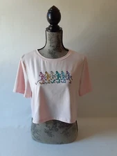 Romwe women's pink dancing skeletons print short sleeve crop t-shirt size L