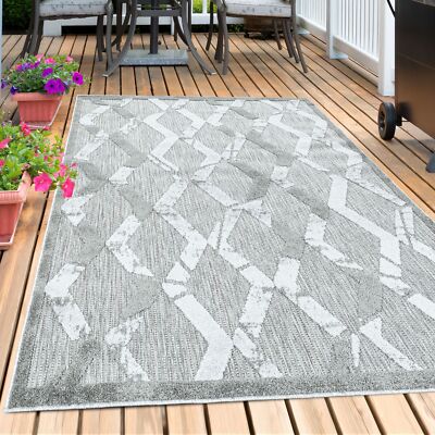 Outdoor Teppich Grau Rauten Boho Design Wetterfest für Balkon, Garten, Terasse