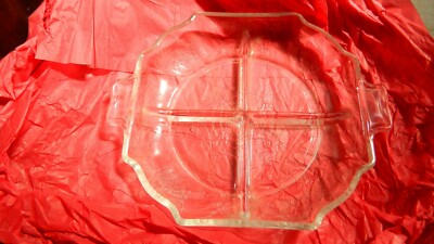 VINTAGE 4 SECTION DIVIDED GLASS DISH NICE DECORATIVE PATTERN TAB HANDLES SHIPPED
