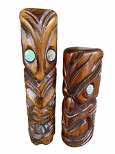 Set Of 2 Vintage Maori Hand Carved Wood Abalone Shell Eyes Tiki Decor Hawaiian