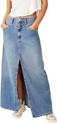 Free People Skirt Come As You Are Denim Slit Maxi In Sapphire Blue Size 4