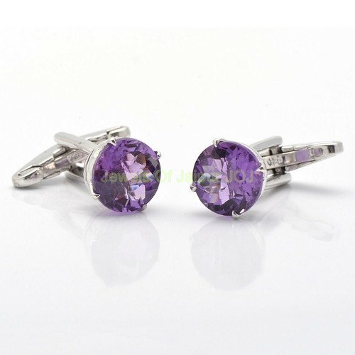 Round cut Purple Amethyst Gemstone Sterling Silver Cuff links Men's Jewelry - Picture 2 of 4