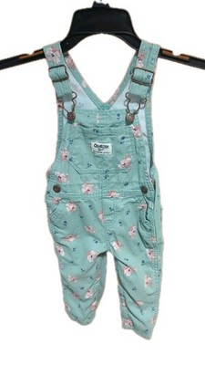 OshKosh B'Gosh Vestbak Bib Overalls Baby 12M Green Pink Floral 100% Cotton Twill