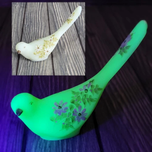 Fenton Uranium Custard Glass Bird of Happiness 6.5" Daisy Hand Painted Signed UV