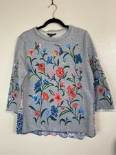 John Mark Gray Floral Embroidered 3/4 Sleeve Sweater Top Size Medium Boho Artsy