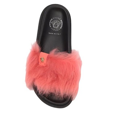 VERSACE Sandal 31 Black Coral Pink Faux Fur Slide Shoes Medusa Logo NIB