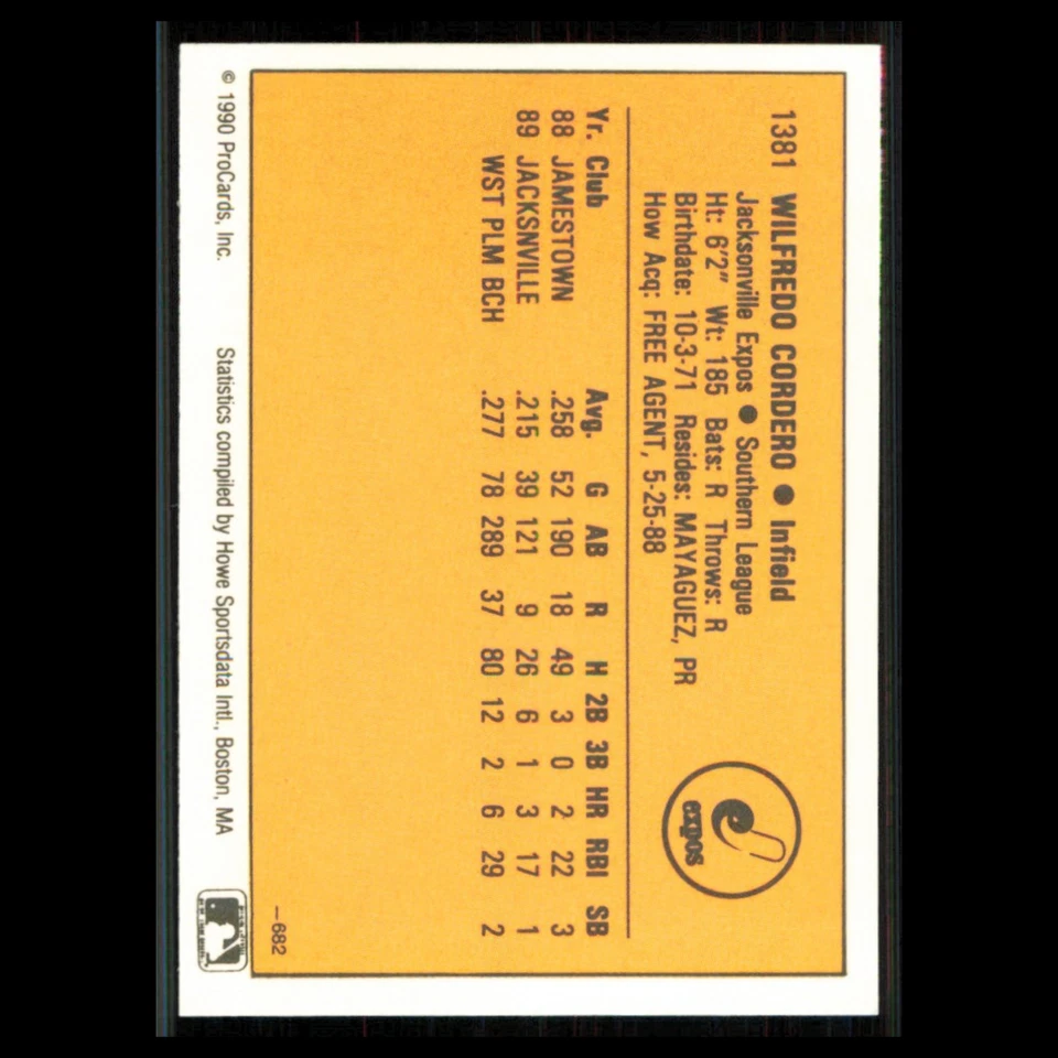 Wil Cordero #1381 1990 ProCards Jacksonville Expos Baseball Card MLB NM - Image 2 of 3