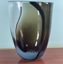 XL VTG Wide Heavy Abstract Art Glass Vase Handmade Blue Brown Swirls 9.25" H x 7