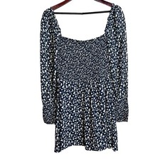 Reformation Kelli Smocked Floral Mini Dress Size Medium Long Sleeve Navy White