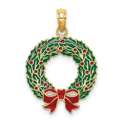 10K Yellow Gold Enamel Christmas Wreath Pendant