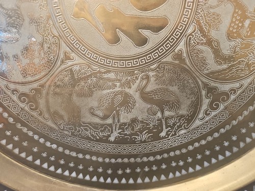 Vintage Asian Brass Round Wall Hanging Tray Large 24” Plate Made in Hong Kong - Picture 3 of 7