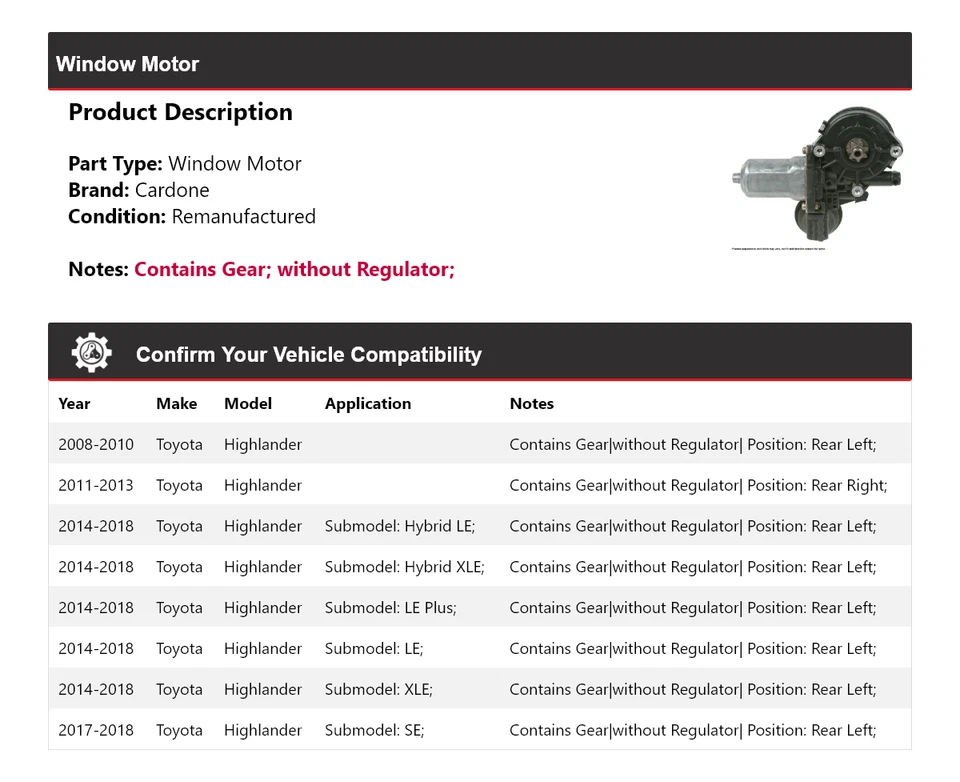 Para 2008-2018 Toyota Highlander motor de janela Cardone 2009 2010 2011 2012 2013 - Imagem 2 de 4