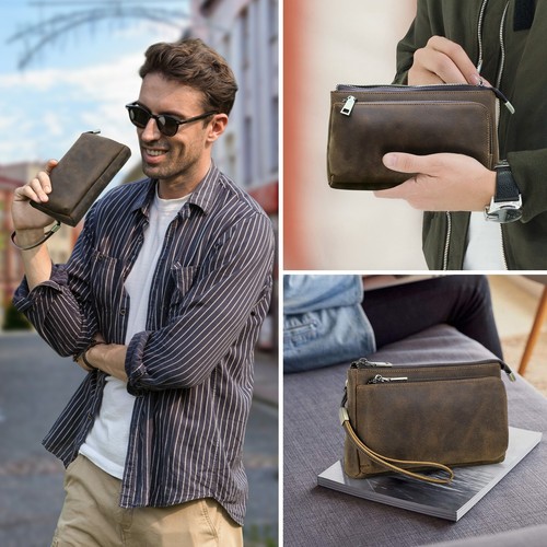 Men's Genuine Leather Clutch Bag Wallet Charger Earphone Cellphone Storage Bag - Picture 4 of 9