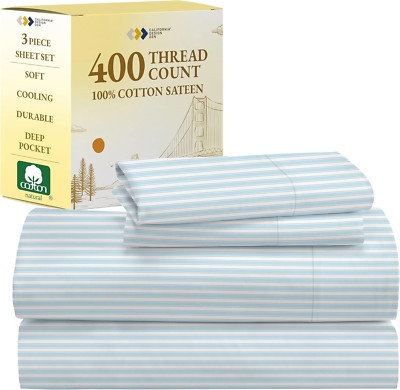 Luxury 400 Thread Count Twin Striped Cotton Bed Sheets Set - Cape Stripe