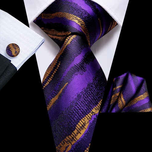Cravatta uomo nera oro viola paisley righe tinta unita cravatta fazzoletto set matrimonio - Foto 152 di 177